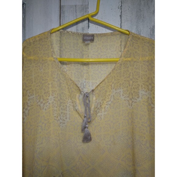 Chico's S/M Sheer Overlay Topper Yellow Beige Watercolor Kimono Top - Picture 2 of 4